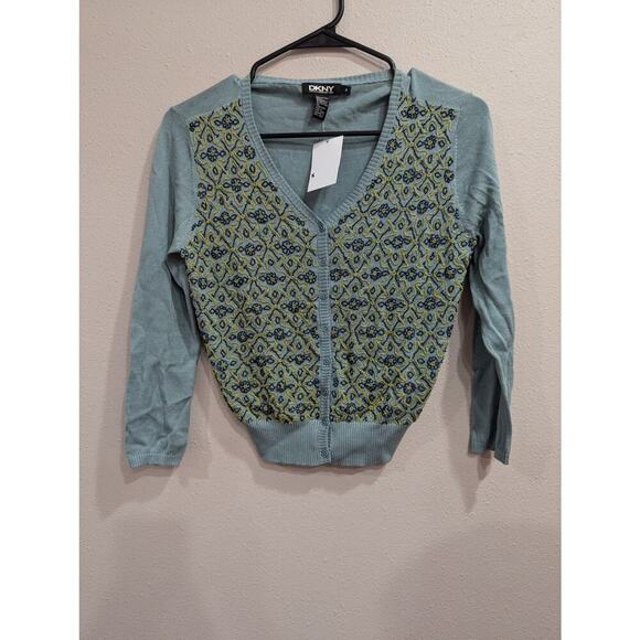 Women's gorgeous sea foam green cardigan w/navy & yellow seed bead  by DKNY XS - Picture 1 of 6